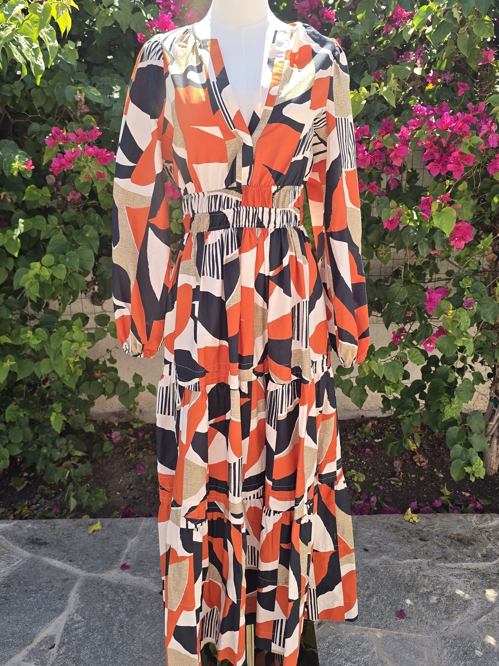 Anthropologie Orange, Black & Cream Abstract-Print Tiered Maxi Dress